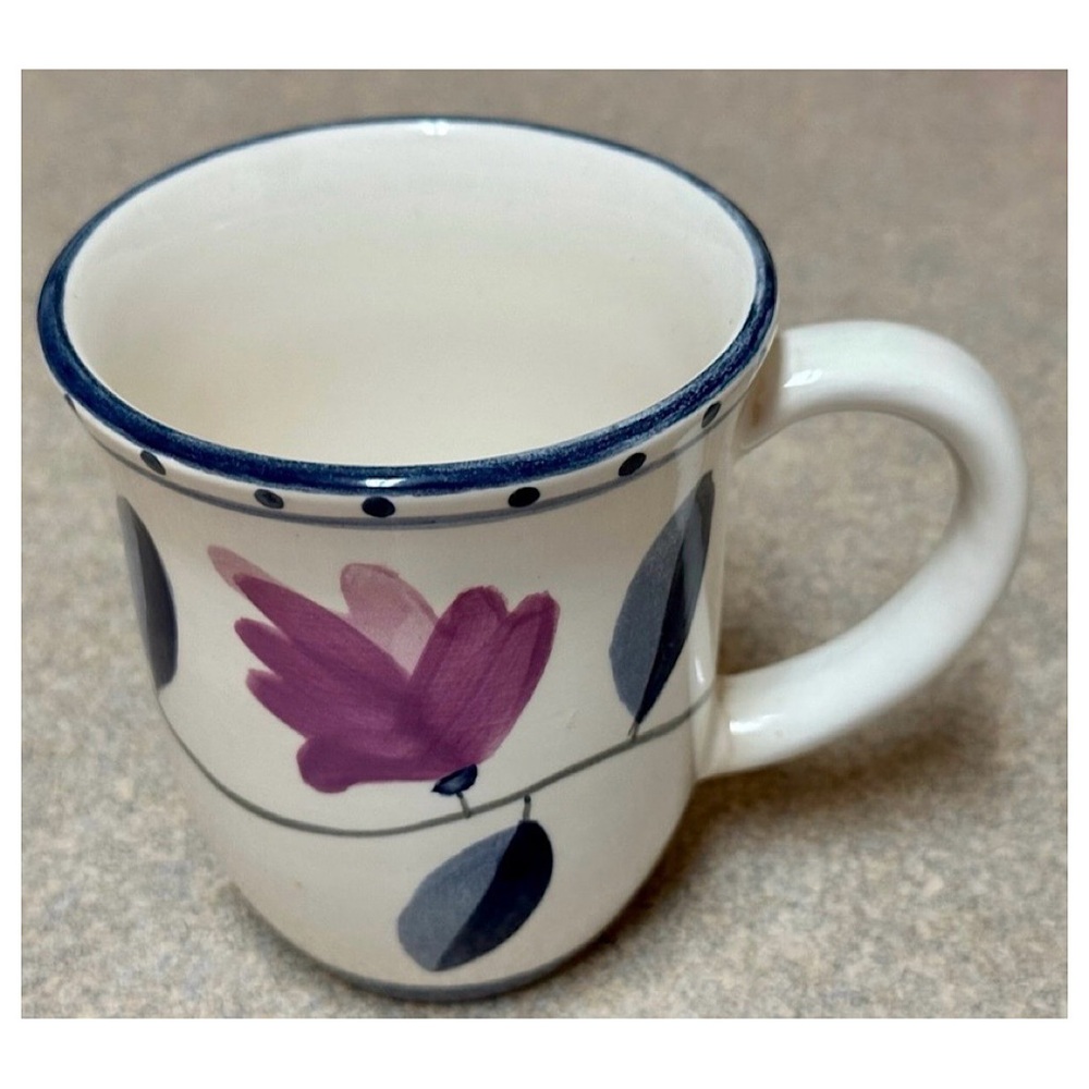 Belagio Floral Coffee Mug Blue Rim Stoneware Cottagecore Tea Cup 10–12 oz